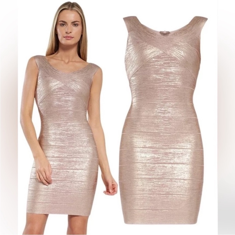 Herve Leger Rose Gold Off-Shoulder Bandage Dress Sweetheart Neckline Metallic